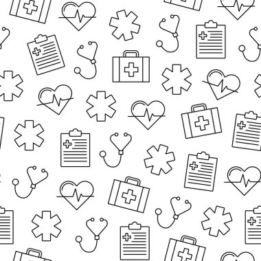 Sanat tarzında kusursuz tıbbi şablon sıhhiye haçı, statoskop, kalp atışları, tıbbi pano, beyaz arka planda izole edilmiş ilk yardım çantası içerir..