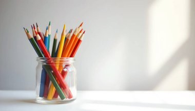 Minimalist beyaz yüzeyde izole edilmiş renkli kalem çeşitleriyle dolu cam kavanozun yüksek çözünürlüklü fotoğrafçılığı ve pencereden gelen yumuşak sıcak ışık.