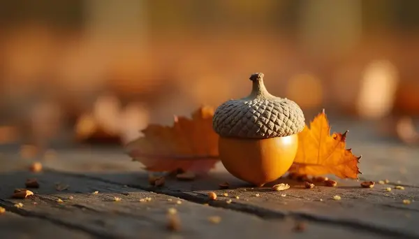 Yüksek çözünürlüklü meşe palamudu resmi, dökülen yapraklarla çevrili. Sıcak renkler resmi.