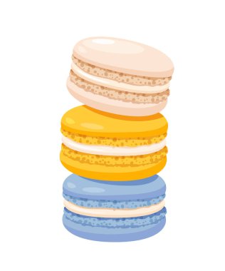 Beyaz arkaplanda beyaz, mavi ve sarı renkli makaron yığını.