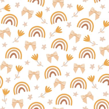 Beyaz arkaplanda izole edilmiş pastel kahverengi tonlarda gökkuşağı, çiçek, fiyonk ve yıldızlı vektör deseni.
