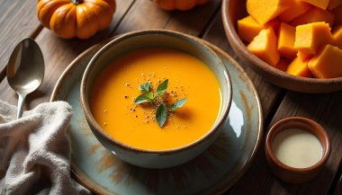 Sonbahar sahnesinin yüksek çözünürlüklü fotoğrafları turkuaz kasede bir kase balkabağı çorbası, küçük kahverengi kâse ve krema soslu balkabağı parçaları katlanmış keten kumaş bezinde gümüş kaşık ve ahşap bir masa üzerinde küçük dekoratif balkabakları..
