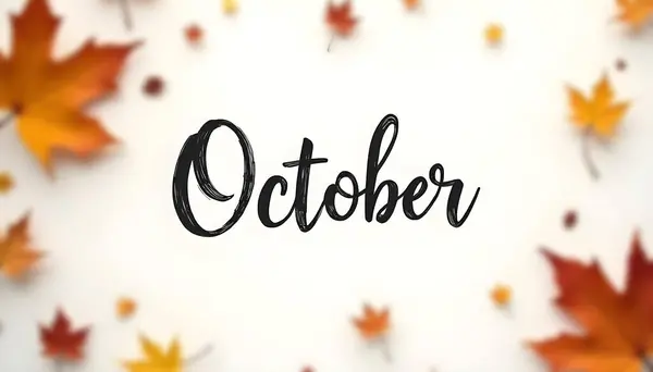 Yüksek çözünürlüklü minimalist tebrik kartı. Ekim ayında kaligrafi ile birlikte. Arka planı bulanık ve sonbahar yapraklı. Mevsimlik dekorasyon için mükemmel, sonbahardan esinlenilmiş projeler, planlamacılar, posterler