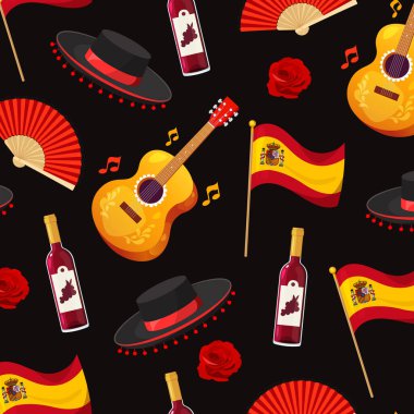 Ulusal bayrak, gitar, kırmızı şarap şişesi, sombrero ve darl arkaplanda izole güller gibi geleneksel sembollerden oluşan pürüzsüz bir İspanyol deseni vardır..