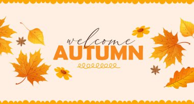 Hoş geldin yazısıyla el çizimi resim ve arka planda izole edilmiş düşmüş yapraklar. Sonbahar kutlaması için mükemmel..