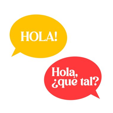 Konuşma Baloncuklarıyla İspanyolca Diyaloglar ve Konuşmalar. İspanyolca Öğrenmek için Vektör İllüstrasyonu.