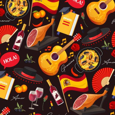 Ulusal bayrak, gitar, kırmızı şarap sangria, sombrero, güller, jamon gibi geleneksel sembolleri içerir. koyu kırmızı arkaplanda izole.