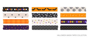 Cadılar Bayramı washi kasetinin vektör çizimi, balkabakları, yarasalar, hayaletler, örümcek ağları, mısır şekeri, yıldızlar ve kafatasları da dahil olmak üzere tüyler ürpertici, dikişsiz desenler.. 