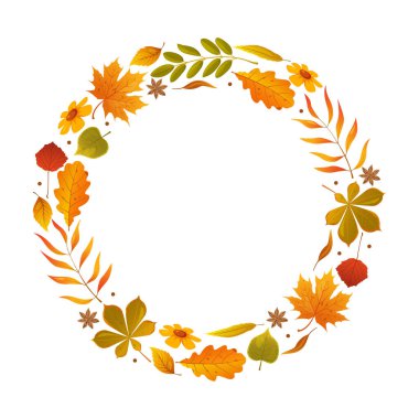 Düşen sonbahar yapraklarından, mevsimlik çiçeklerden ve beyaz arka planda izole edilmiş anason yıldızlarından oluşan bir çelengin vektör çizimi. Sonbahar tasarımı için zarif dekoratif çerçeve, mevsimlik tebrik kartları, davetiyeler, vs..