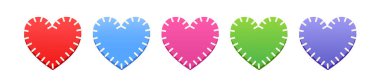 Vector illustration of hearts different gradient colors red, blue, purple, green and pink isolated on white background. Each heart has a stitched border effect. Use in graphic design or as a decorative element.