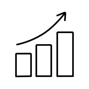Vector cartoon line art icon of a bar graph with an upward-trending arrow isolated on a white background. 