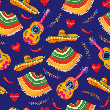 Geleneksel Meksika unsurları olan Dia de los Muertos bayramında, sombrero 'lar, panço' lar, gitarlar, acı biberler, kalpler ve koyu mavi bir arka planda izole edilmiş renkli çiçek dalları da dahil olmak üzere, vektör çizimsiz desen.. 