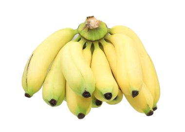 Beyaz arka planda izole edilmiş, geniş bir alana yayılmış olgun muz sürüsü..