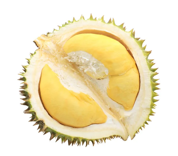 Durian fruit cut in half isolated on white background.