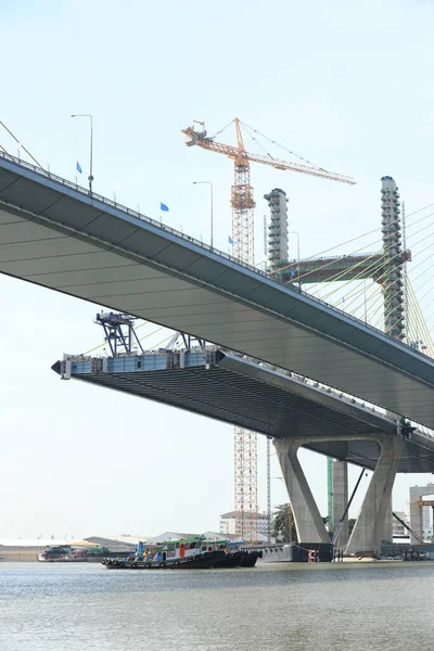 Suspension bridge under construction.  The bridge cross over Chao Phraya River in Bangkok Thailand.