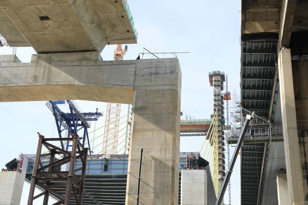 Grande Canteiro Obras Execução Ponte Suspensão Fundação — Fotografia de Stock