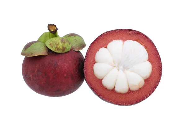 Ολόκληρα Και Κομμένα Φέτες Φρούτα Mangosteen Απομονωμένα Λευκό Φόντο — Φωτογραφία Αρχείου