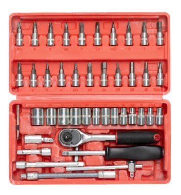 Kırmızı plastik kutuda mekanik araçlar kümesi.