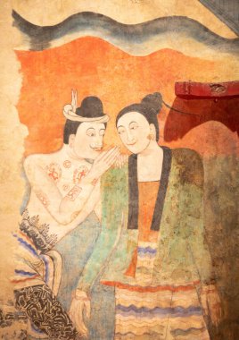 NAN, THAILAND- 30 Temmuz 2023: Wat Phumin, Nan Eyaleti, Tayland 'da antik duvar resmi.