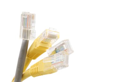 Beyaz arkaplanda izole edilmiş RJ45 tıkaçlı sarı ve gri ağ kabloları