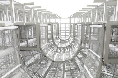 Etrafı çelikle çevrili beyaz çelik çerçeve yapısı Tayland 'ın başkenti Bangkok' taki Queen Sirikit Park 'taki Pupha Mahanatee Garden' daki Kuş Gözetleme Kulesi 'nin içindeki çelik ızgaralarla kaplı..