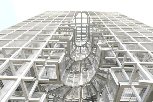 Weiße Stahlrahmenkonstruktionen Mit Umgebenden Wänden Sind Mit Stahlgittern Inneren Des Stockbild