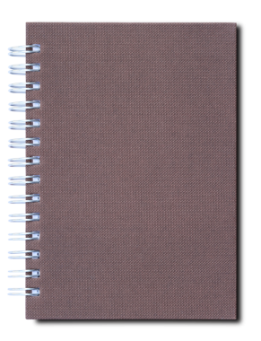 Şeffaf arka planda gölgesi olan kahverengi sarmal defter. (PNG Dosyası)