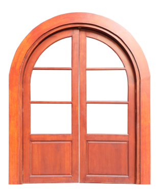 Şeffaf arka planda klasik kemerli ahşap kapı boş panel çerçevesi. (PNG Dosyası)