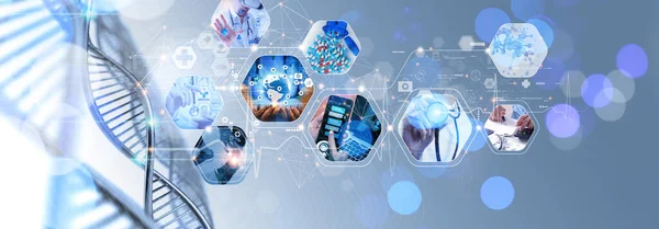 仮想世界医療ネットワーク接続の概念を持つ医師 グローバル研究ネットワークにおける科学と医療イノベーション技術将来の持続可能なスマートサービスとソリューション — ストック写真