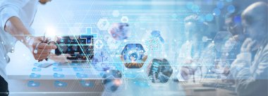 Healthcare and medical.Doctor working with laptop computer show blue cross of healthcare with and medical diagnosis of patient. Digital healthcare and network connection global and data research concept.