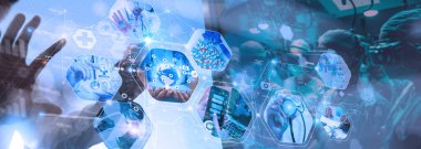 Sanal dünya sağlık ağı bağlantı kavramına sahip doktor. Bilim ve tıbbi yenilik teknolojisi gelecekteki sürdürülebilir akıllı hizmetler ve küresel araştırma ağlarında çözümler.