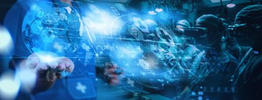 Tıp doktoru el, tıbbi ağ konsepti olarak modern bilgisayar sanal gösterge paneli ile çalışıyor. Dünya ya da küresel form ve AR arayüzü ile sağlık hizmetleri ve sağlık hizmetleri kavramı.