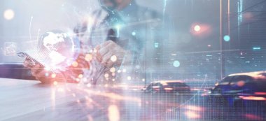 Technology and global business.Businessman holding global network connection on social networking and customer data analytics, Business strategy and smart intelligence, digital marketing, 