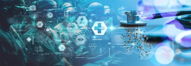 team doctors wearing virtual reality glasses. Checking brain testing result with simulator interface, Innovative technology in science and medicine.Medical technology concept. Mixed media.