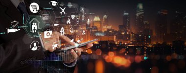 Businessman hand clicks insurance icons to car, travel, family and life, financial and health insurance. Insurance online buy concept.