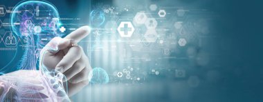 Kardiyolog Doktor, cerrah hasta kalp testi sonuçlarını ve dijital fütüristik sanal arayüz, dijital hologram, yapay zeka, teknoloji, bilim ve tıptaki yenilik üzerindeki insan anatomisini analiz ediyor..