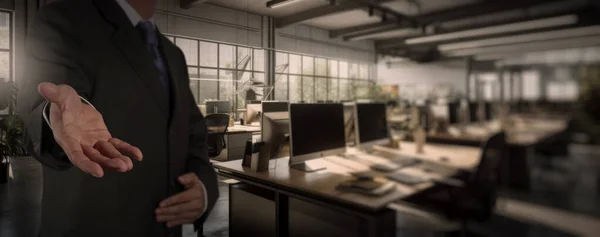 Geschäftsmann Mit Offener Hand Zum Handschlag Bereit Moderner Bürohintergrund Stockbild