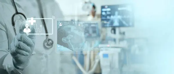 バーチャル患者シミュレーションのコンセプト 病院の背景にAiを搭載した新しいテクノロジー研究ヘルスケアと医療で働く医師 ロイヤリティフリーのストック画像