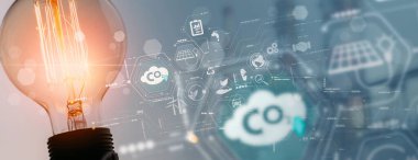 Parlayan Ampul Kavramlı Yenilikçi Akıllı Teknoloji ve Karbon Emisyon Azaltma ve Sürdürülebilir Enerji Çözümleri Dijital Arayüzü
