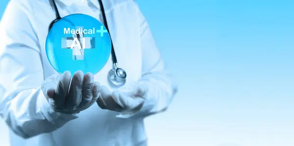 stock image A doctor in white gloves and coat holding a glowing symbol with the words 