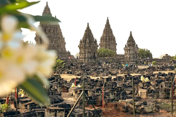 Prambanan Tapınağı Yogyakarta avlusundaki sıcak öğleden sonra atmosferi, ziyaretçi sayısı azalmaya başladı ve sakin ve serin hissettiriyor. Bu tapınak şu anda restore ediliyor..