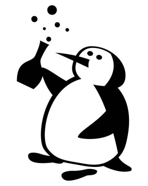 Bir şişe şampanyayla komik bir penguen doğum gününü kutluyor..