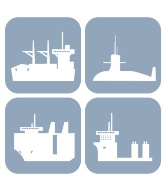 Collection of ship icons. Bulk ship, nuclear submarine, ro ro ship, heavy lift ship. clipart