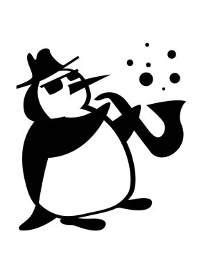 Penguenlerin hayatı. Penguen Jazzman saksafonda karmaşık bir caz bestesi çalıyor. Komik bir karakter. Baskı, poster ve çizimler için vektör resmi.