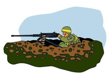 Siperinde Browning M2 ağır makineli tüfeği olan Ukraynalı bir piyade. Komik bir karakter. Baskı, poster ve çizimler için vektör resmi.