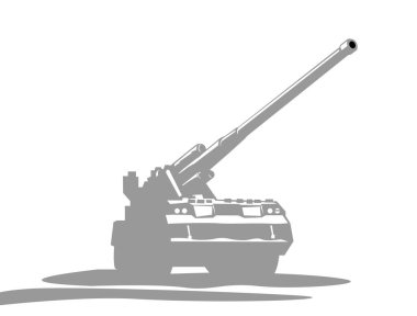 Büyük, kendinden itişli bir silahın silueti. 2S7 Pion 203 mm 'lik otomatik top. Yazdırma, poster veya çizimler için vektör resmi.