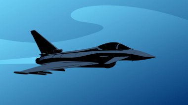 Avro Savaşçısı Tayfun savaş uçağı. Bir savaş uçağı sabah bulanıklığında körfezin üzerinden geçiyor. Baskı, poster ve çizimler için biçimlendirilmiş resim.