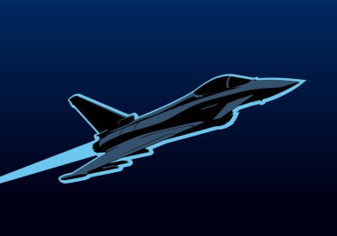 Night flight. Eurofighter Typhoon Jet plane against the background of dark blue sky. Stylized drawing for prints, poster and illustrations. clipart