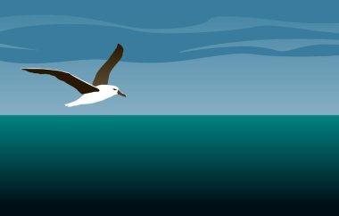 Petrel. Fırtınanın habercisi. Bir albatros denizin karanlık yüzeyinin üzerinde süzülür. Baskı, poster ve çizimler için vektör resmi.