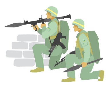 Ukrayna askerleri. RPG-7 bomba fırlatıcısı olan tanksavar ekibi. İllüstrasyonlar için vektör resmi.